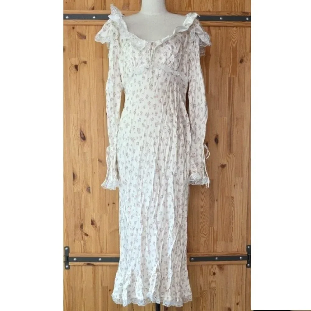 NWOT FOR LOVE AND LEMONS PASTEL FIELDS PINK ROSE PRINT WHITE MIDI DRESS SIZE L - Picture 2 of 10